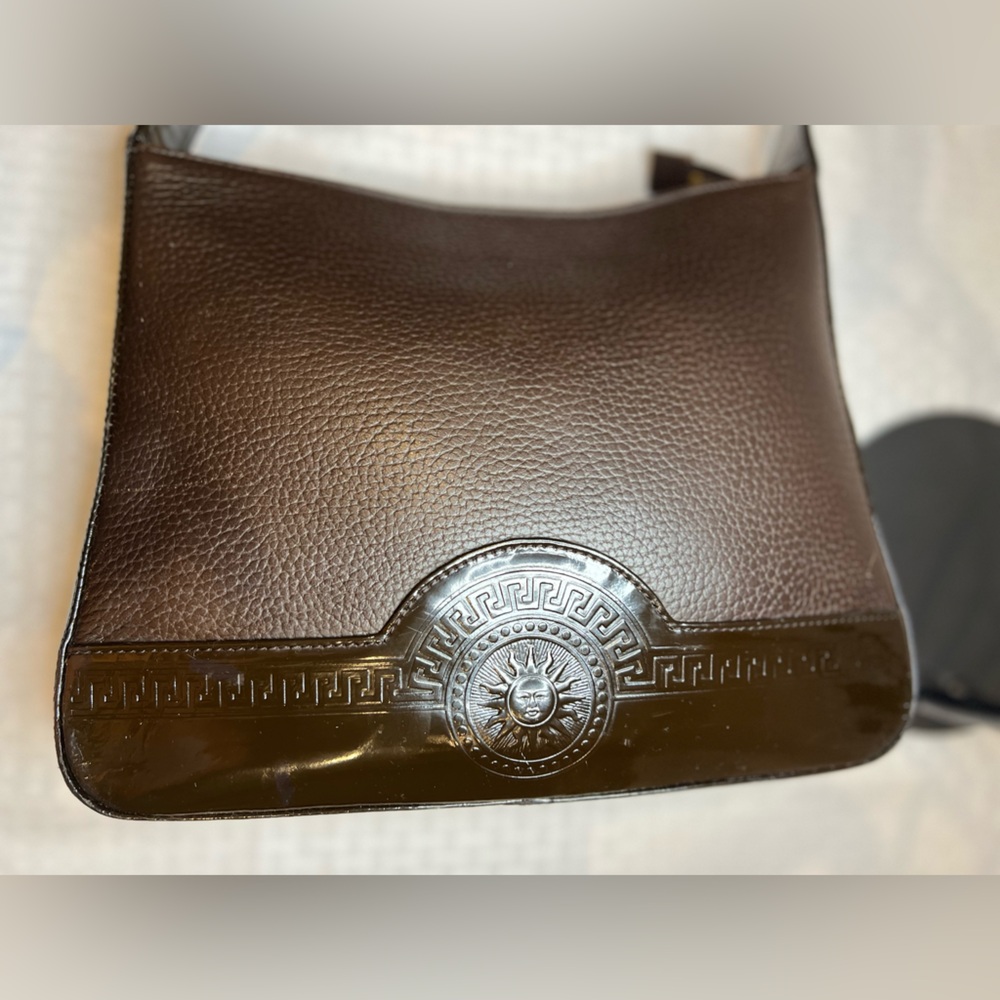 Versace Medusa Sunburst Shoulder Bag Brown Patent Trim